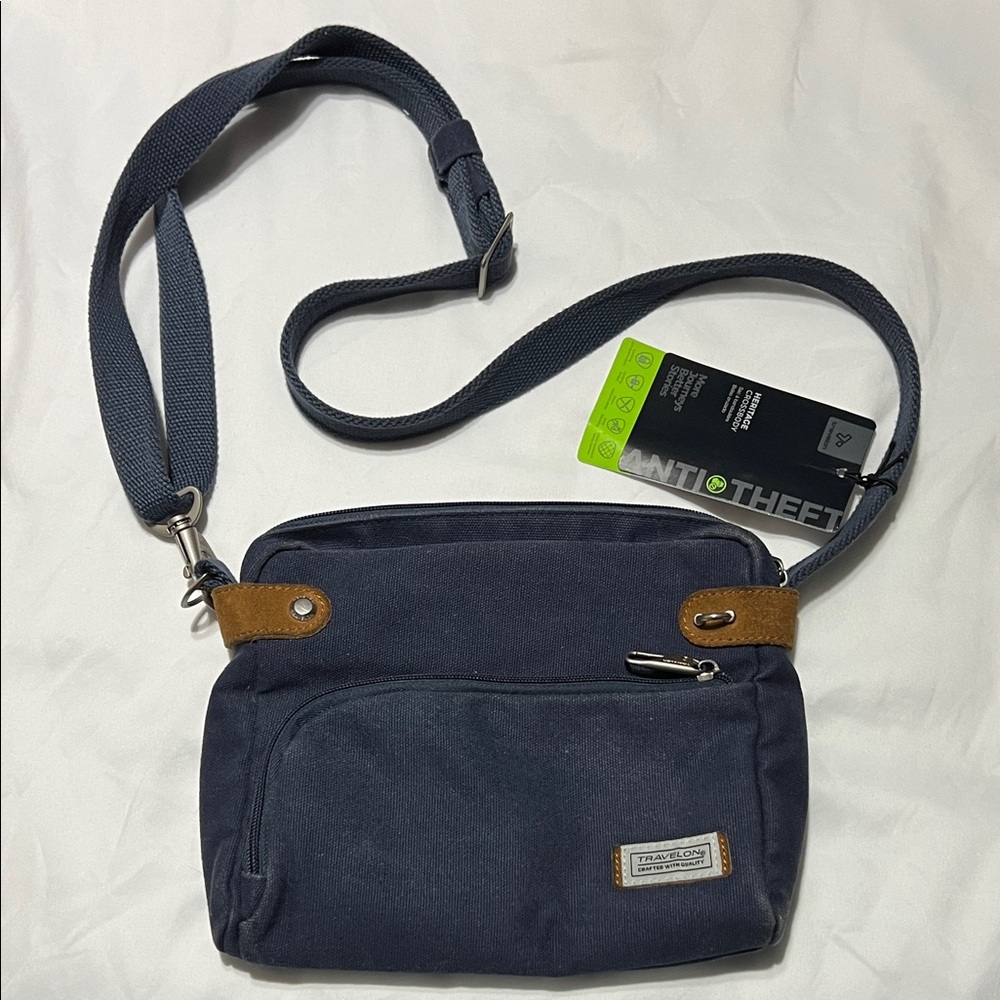 Travelon Navy Blue Crossbody Messenger Bag with Brown Accents